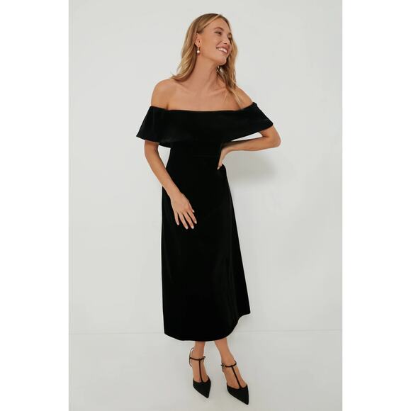 Pomander Place Black Elise Off Shoulder Velvet Velour Midi Cocktail Dress Size L - Picture 1 of 9